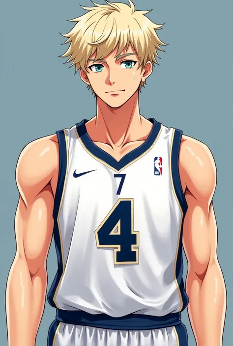 A high-quality, detailed anime-style illustration of a tall, athletic male character. He has a well-built physique like a basketball player, but not overly muscular. His hair is platinum blonde, slightly messy, and medium-length, styled in a classic anime ...