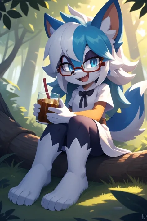 Style ， Single ，、 White hair ， Drink ， Wearing glasses ， Sitting on the forest ， behind the dense trees there ， Draga `’ the fur in the sun ， blue hair ， Q ， Tmasterpiece ， High accuracy ， Detailed background ， High quality ， tail ， tail Great Frequi ， Whi...