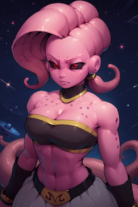 score_9,score_8_up,score_7_up,
Fmajin,pink skin,red eyes,black sclera,pink tentacle hair,ponytail,
Thin underwear,belt,black tube top,midriff,cleavage,bare shoulders,M,shoulder holes,
stars,space,milky way,
solo,