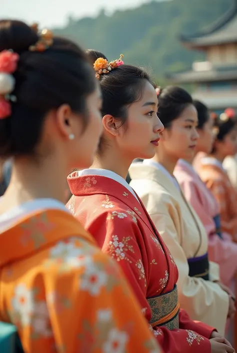 
coming-of-age ceremony pictures, ((upper body shot , focus on the eye, frame in the upper), ((Multiple men and women A & b, Japan man in beautiful kimono , wear traditional Japanese kimono, Beautiful traditional hair ornaments, modern School building back...