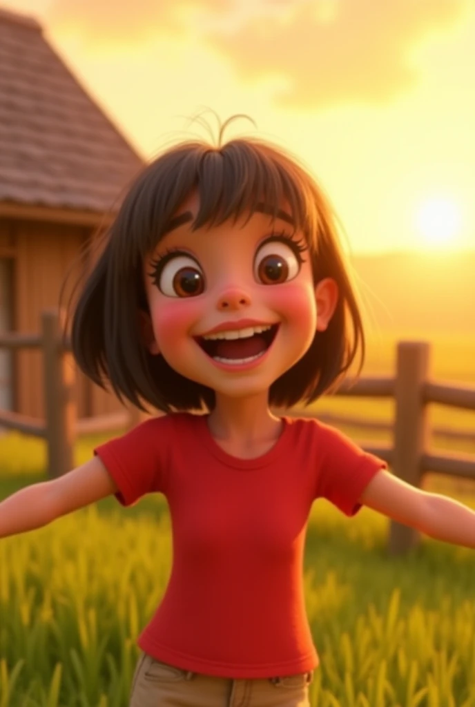 "A joyful young girl with large, expressive eyes and a wide, bright smile, standing in a peaceful countryside setting during a golden sunset. She has short, straight dark brown hair with soft bangs covering her forehead, slightly curved at the ends, with a...