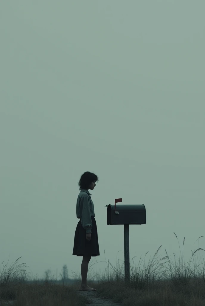  A picture with an empty mailbox , who is standing against a grey sky .  This may symbolize a lack of response and a sense of disappointment.