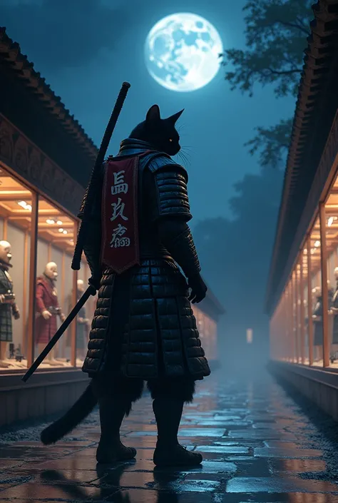 In the serene quiet of a nighttime kingdom a towering samurai cat stands with a katana in hand and a banner on his back saying server 1995, carefully wiping the floor. Display cases glow softly, highlighting killed soldiers from war, while moonlight filter...