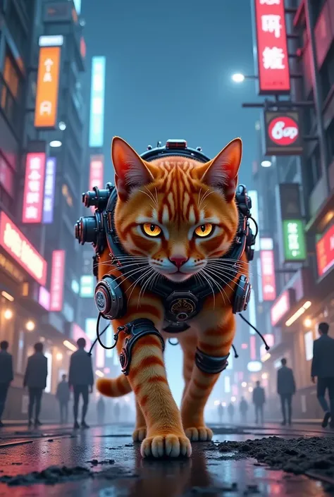  there's a cat sitting on the city floor, cyberpunk cat, , Gato Samurai, ginger cat, photo of a cat,  the cat is walking , an  orange cat, , amazing cat,  orange cat, a cybernetic cat, cybernetic cat, anime cat, graphy,  cyberpunk streets in Japan , In Neo...