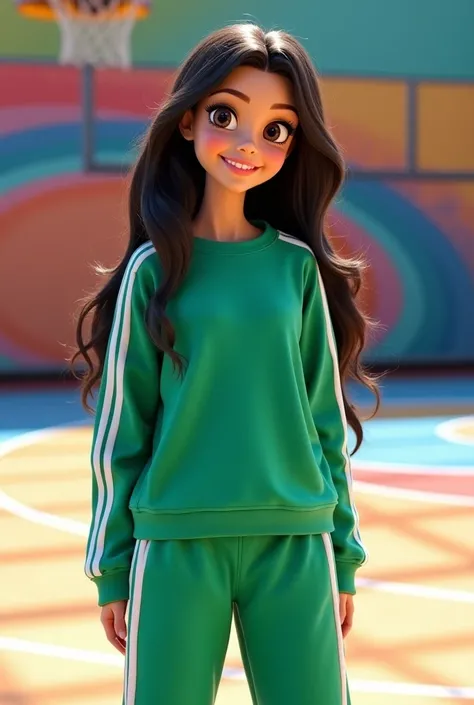 Jasmine very pretty vestida con un chandal verde y rayas blancas,Merida very pretty  dressed in a green sweatshirt with white stripes, Elsa very pretty  dressed in a green sweatshirt with white stripes ,Rapunzel very pretty  dressed in a green sweatshirt w...