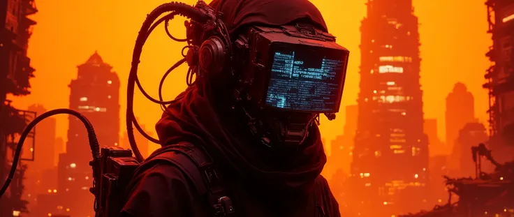 stunning tangarine cityscape apoclypse A cyber information scout clad in dark mechanical armor, equipped with advanced visual devices that hide their face behind a glowing display - ASCII art is visible on the screen. A luminous, tangerine neon-lit backgro...