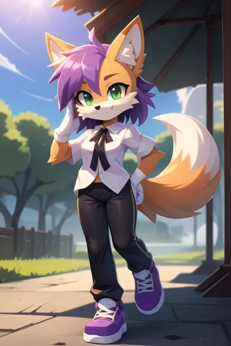 Result _9, result_8_ higher, result_7_ higher, source_Carikaire, source_froe, frawi shotta, fox, fluffy fox tail, light green eyes, (purple hair: 1.1), detailed body Fur, detailed face, detailed eyes, detailed body, detailed hands, skinny, full, full Body,...