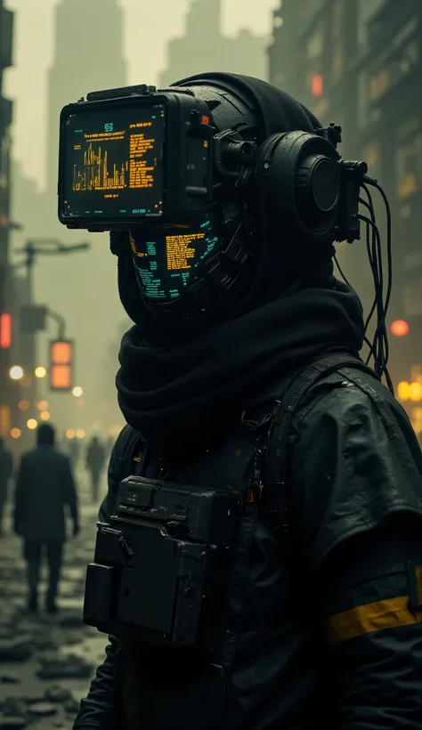 cyber information scout, dressed in sleek, dark mechanical armor with intricate, weathered details, stands in a dynamic pose. The armor is adorned with glowing neon accents in electric blue and vibrant yellow, highlighting its advanced technology. The scou...