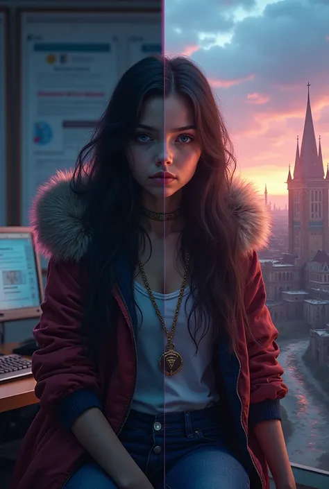 A split-image  featuring a teenage girl on one side and an ancient ruler on the other. On the left, the girl is depicted as a modern high school student with long dark hair, wearing a stylish jacket and jeans, sitting at a desk with a glowing computer scre...