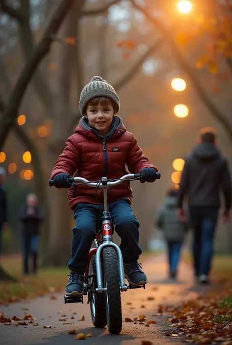 A comedian-like boy getting his bike at Christmas, with his dad and mom looking at the bike with doubts. in the park,  on the bike while his dad is holding him and mom is watching 
His father comforting the boy and talking to him calmly. The boy pedaling, ...