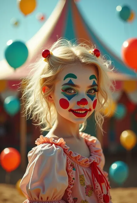 Clowncore aesthetic blonde girl prodile picture. on background there is a funfair tent and balloons