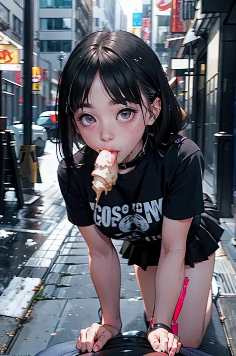 sassy girl (tween) In miniskirt   ,    kneeling sucking ice cream  ,   the ice cream is held has an old man ,  standing in front of the girl  ,   and she gives it a sensual mother  ,   the girl puts a new condom on her old father standing in front of her 