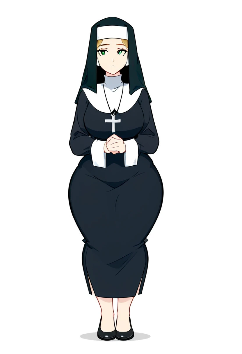 (score_9,score_8_up,score_7_up), 1girl, solo, plain white background, standing, entire body shown, Nun outfit, facing forward, hair covered, fair skin, wide hips,fementweak,thick thighs, wide hips, curvy, voluptuous, plump, narrow shoulders, thin arms, bot...