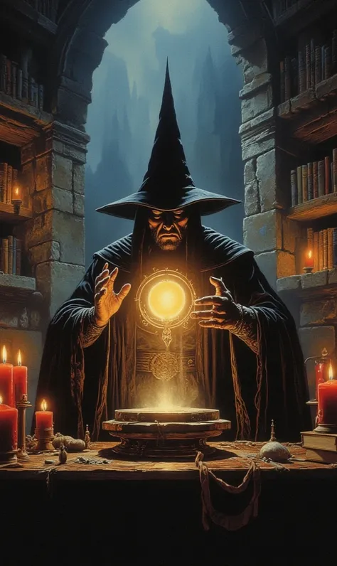 realistic, ultra HD, 4k image, 8k image, an enigmatic wizard, wearing a bown tunic, with a big mage black point black hat covering his eyes, He is doing magic and between his two hands there is a small, shiny round portal emitting a brilliant energy, aroun...