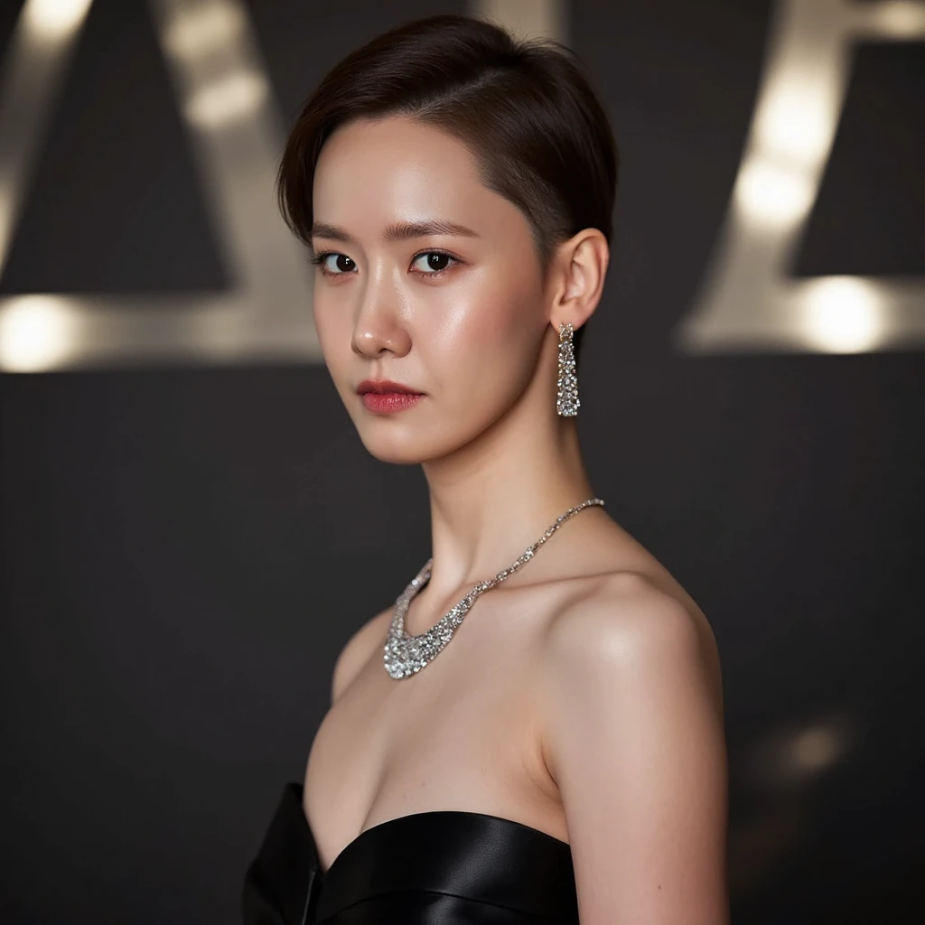   full body shot of a beautiful Korean girl  , a clean precise men inspired "super short skin buzzcut" and with a "high & tight skin undercut" and a side shave for a woman, black latex evening dress, Earrings,  necklace, light reflections, pale skin, ,. Fr...