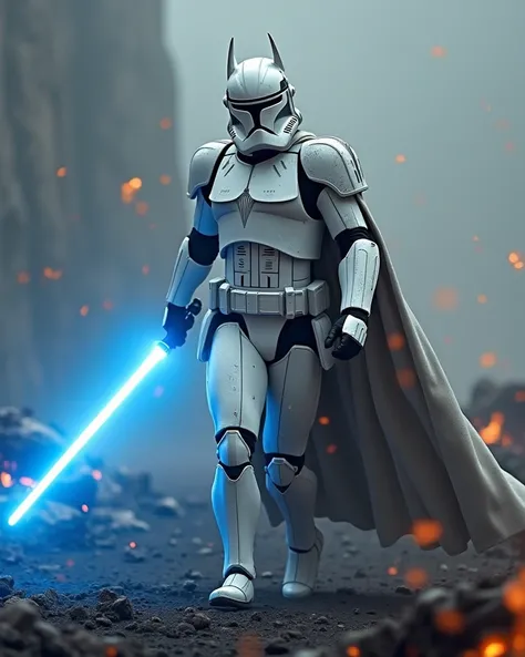 White armoured clone trooper batman walking through battlefield, with ash and embers faliing around everywhere,  holding blue lightsaber 