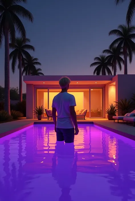 
it's summer in a villa with palm trees, a swimming pool 
with purple red light
the weather is nice
in pov
he is angry
a man with a short blond hair
and standing
he is in a white t-shirt
the lights are dim
the lights are purple orange red