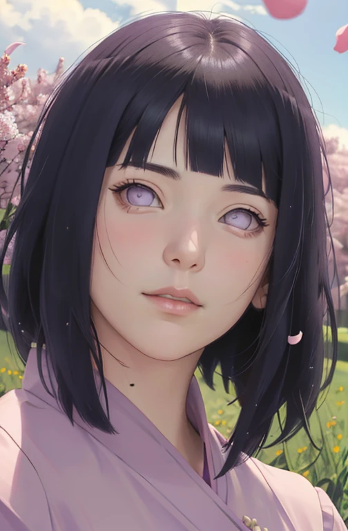 masterpiece, hinata\(boruto\), 1girl, solo, mature female, purple dress, modest outfit,  outdoors, lavender flower field, looking at viewer, (falling petals), cloudy sky, perfect composition, detailed lips, big breast, beautiful face, body propotion, blush...