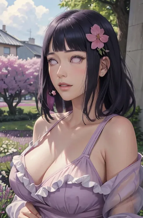 masterpiece, hinata\(boruto\), 1girl, solo, mature female, purple dress, modest outfit,  outdoors, lavender flower field, looking at viewer, (falling petals), cloudy sky, perfect composition, detailed lips, big breast, beautiful face, body propotion, blush...