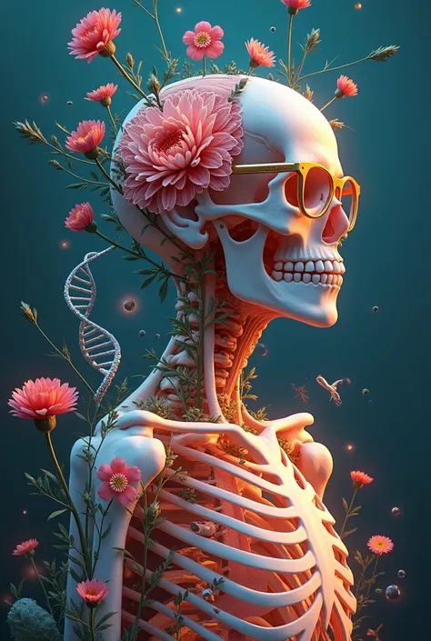 The model is wearing glass sunglasses with sA cinematic and surreal illustration representing biology and living organisms with a more harmonious and realistic color palette. The centerpiece is a detailed human skeletal system, glowing subtly to highlight ...