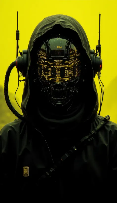 a cyber information scout dressed in dark mechanical armor, equipped with advanced visual devices that cover the face with a glowing display - an ascii art and code is visible on the screen. The bleaked yellow and black background accentuates the silhouett...