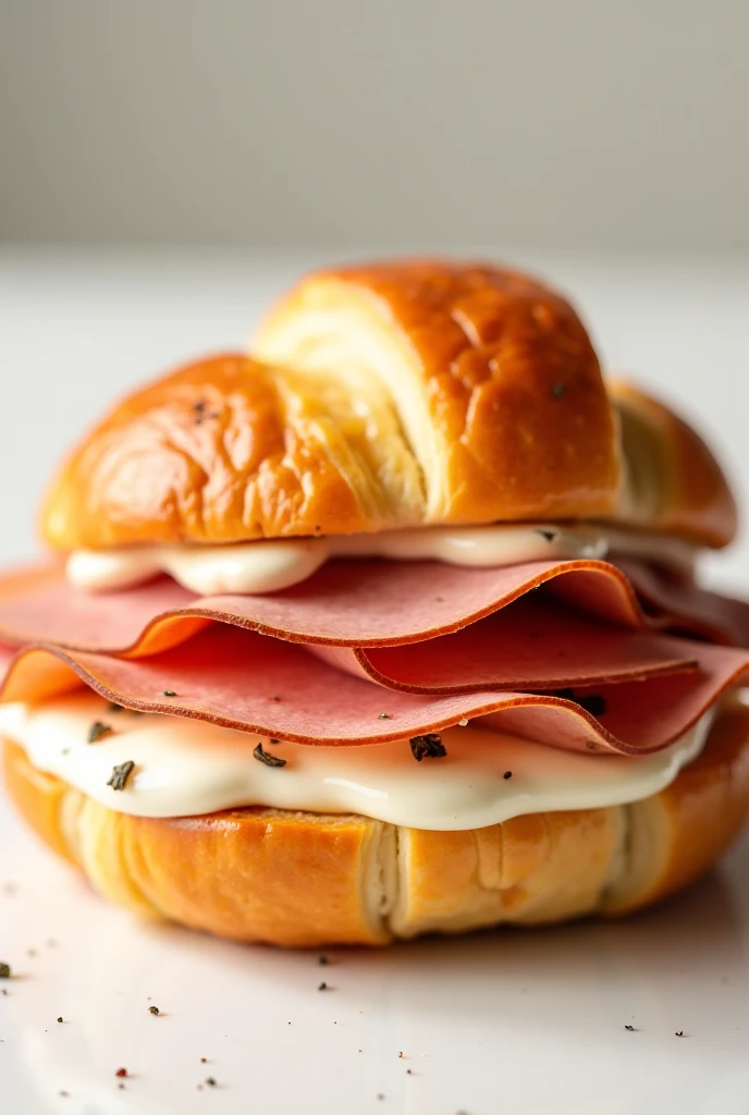 A croissant of turkey ham ,  serrano ham and cream cheese dressing