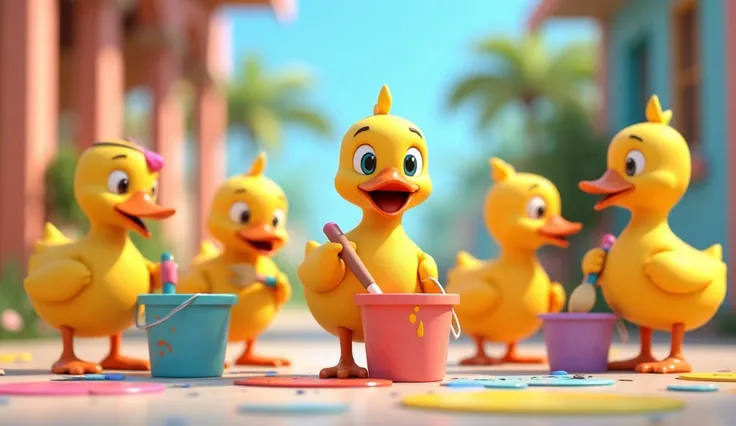 Scene 31: The ducks clean up their paint supplies.

Prompt: "Five little ducks cleaning up their paint buckets and brushes. Bright and colorful cartoon animation."3D cartoon type only