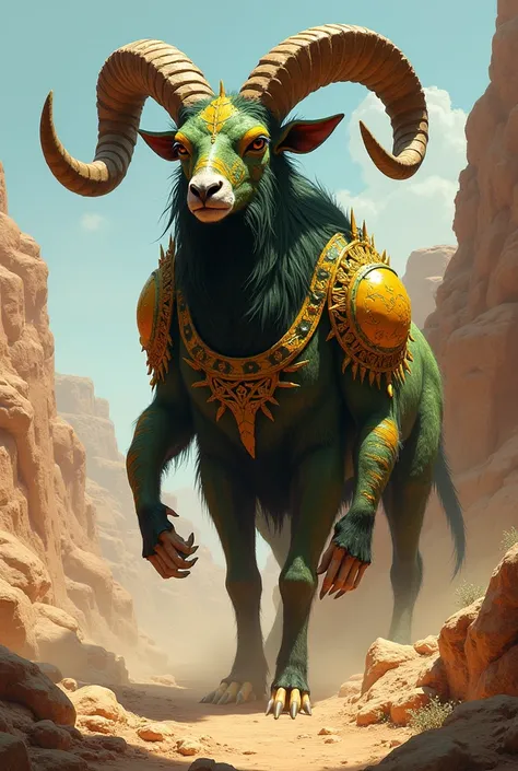 Aoudad Sahel monster. Wears green and yellow armor