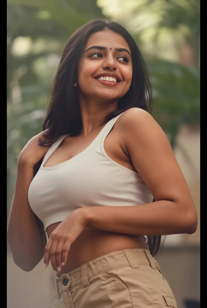 Indian woman black hair straight nose, small nose, makeup, lipstick, toothful grin, smiling, smile.

Indian woman hiking, while wearing a sports bra and short khaki hiking shorts as she stands in a deep green canyon, a beautiful stream, Very big waterfall ...