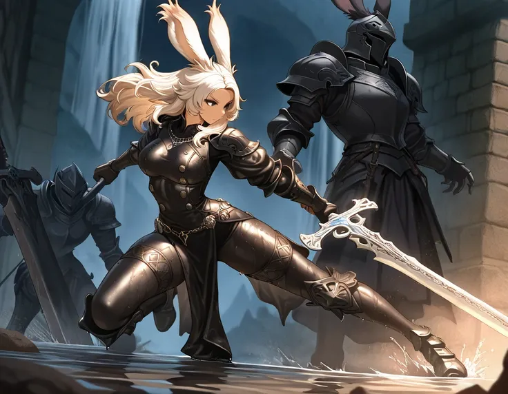 ((((  Masterpiece)))), ((((  top quality)))),   high resolution,fine grain,  detailed face,   A depiction of a face expressed in great detail,  Detailed Eyes 、Detailed faces、Hair drawn down to the smallest detail 、 wet,viera,The Dark Knight,   Greatswords ...