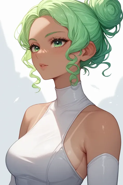 Woman, white skin, tan lines, green hair, curly hair, Hair tied in a bun, ,  green eyes, anime style, whitebodycon dress ,white Long sleeved dress