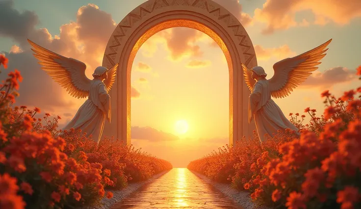 Create an ultra-realistic image of a heavenly paradise, the colorful sky of a beautiful sunset, where you can see a golden arch with winged angels, golden streets and surreal enigmatic flowers in the foreground; use a Sony Alpha 7 camera with a Sony FE 70-...