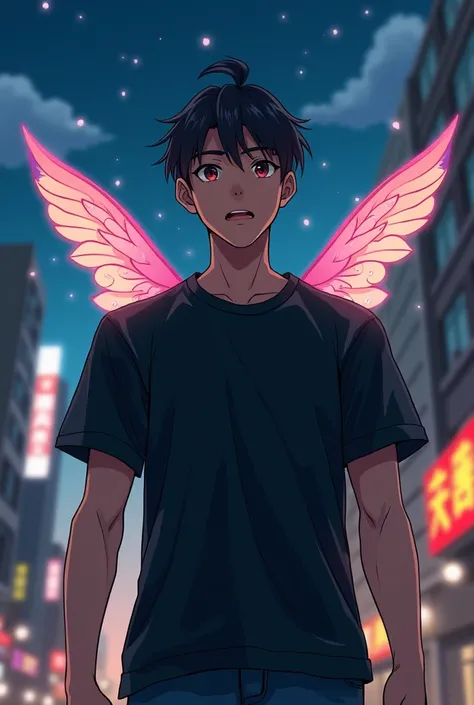 In a 3D manga style, An athletic young Asian man with a very feminine face, hair tied up, dressed in a large black T-shirt, Is distraught to fly through the air thanks to his fairy wings in the streets of the city that night.