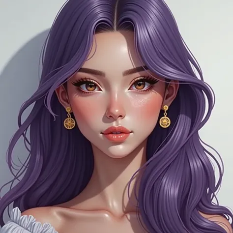 Make a brown hair one, long, And a loose ,  she is very elegant and wears a gold earring and fringe between her eyes,  brown eyes, brilliance, And that it has the best quality and it is an unrealistic cartoon anime