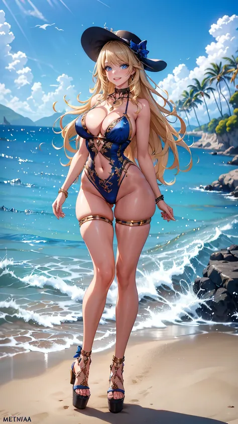 (( masterpiece,  High resolution,  best quality,  Best details )), (anime), A woman standing on the beach , ((  smile full of teeth )), (( royal blue micro bikini with gold and black details)), (( Fresh-bodied )),  cleavage, high heels platform ,  black ch...