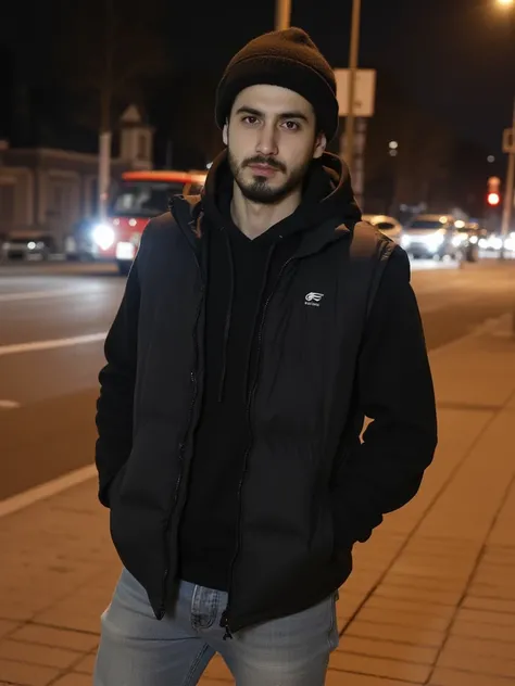 a random amateur photo of a very handsome turkish guy with dark short hair and a goatee beard long he wearing a black hoodie and light loose jeans and a black puffer vest  and a beanie he have big muscles and location is germany aachen amateur picture its ...