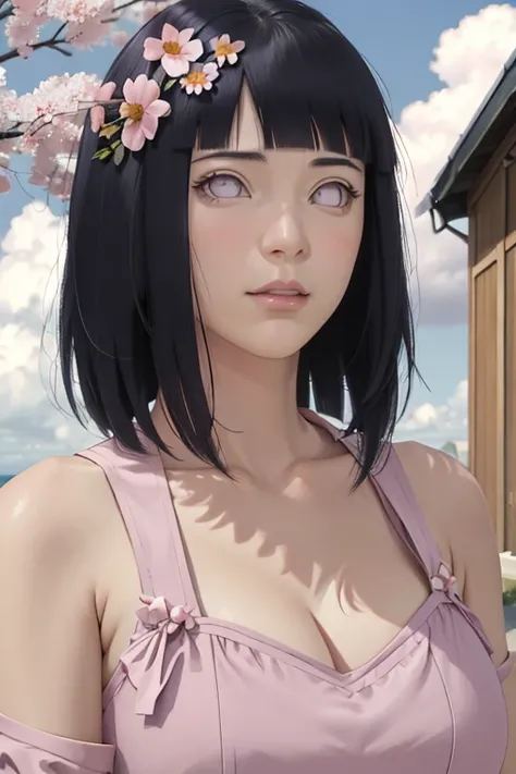 masterpiece, absurdres, hinata\(boruto\), 1girl, solo,mature female, mini dress of shoulder,  outdoors, looking at viewer, (falling petals), cloudy sky, perfect composition, detailed lips, big breast, beautiful face, body propotion, blush, (pink lips), lon...