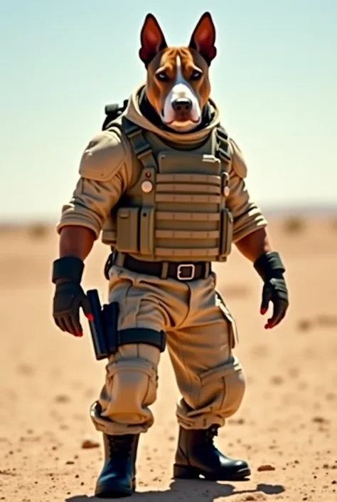 video, 4k, Purebred dog, bull terrier,  with pixelated camouflage suit , arid ,  sand-colored tactical vest ,  black military boots ,  rolled up shirt ,  showing the muscular arms,  black combat backpack , on left leg , black gun . 