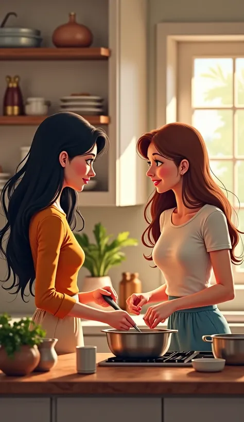 two friends. 

A luxury kitchen .
A woman with long black hair cooking.  A woman with long light brown long hair sitting on the kitchen counter sitting on the counter watching her friend cook. 