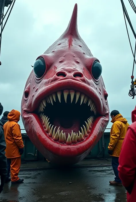  A huge, monstrous deep-sea fish is caught on a fishing boat ,  surrounded by raincoat anglers .  The fish has a creepy appearance ,  with rough, pointed red skin ,  big, bulging eyes and a gaping mouth filled with sharp and menacing teeth.  The scene take...