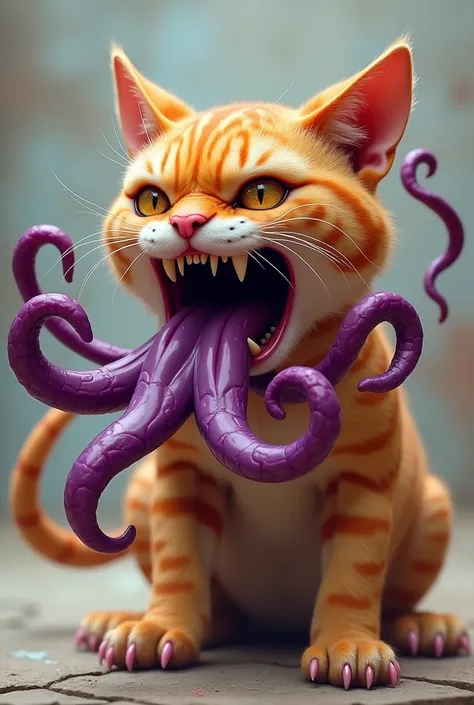 Orange tabby flerken, in hissing pose, open mouth snarl, with 5 purple octopus tentacles reaching out of its mouth