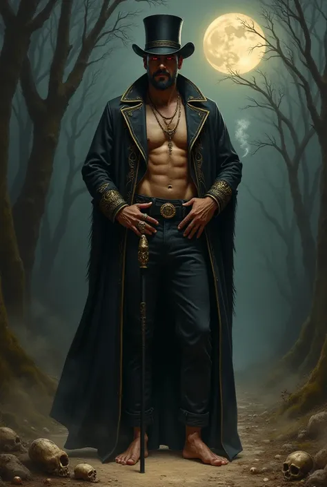 Realistic oil painting style of a male entity of a 40-year-old mature Spanish man tall and strong and black goatee, bronzed mulatto skin, red eyes, black top hat with gold details and wears a long black/black colerim cover dragging on the ground and with g...