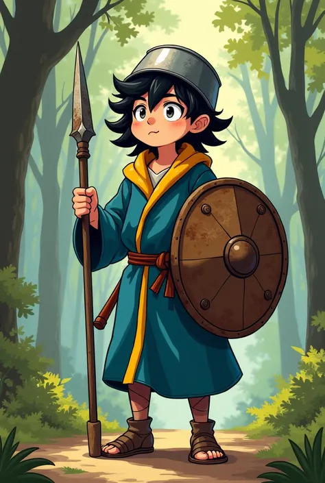 Boy with long black unkempt hair, Eyes with dark circles,  nervous smile, blue bathrobe with yellow trim, rusty medieval shield and spear and on his head he has as a helmet a metal bucket a little rusty anyway. In the middle of a sunny forest. (( Dynamic P...