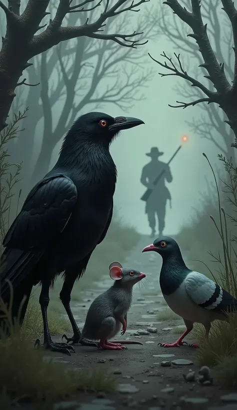 A crow talking to a pigeon and a rat around the hunter