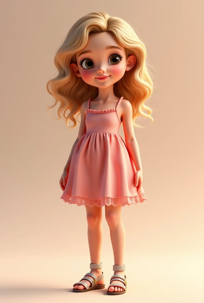  Create a  girl with a rounded face and dark brown eyes,  And with wavy blond hair  ,  wearing a little rosé dress and wearing a beautiful and shiny sandal  