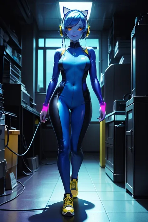 ((sci-fi)), score_9, score_8_up, score_7_up, realistic, high resolution, masterpiece, detailed, beautiful female, (blue skin:1.4), (glowing-yellow-eyes:1.3), fit, dirt, sweat, seductive smile, standing, powerful walking towards the camera, facing camera, b...