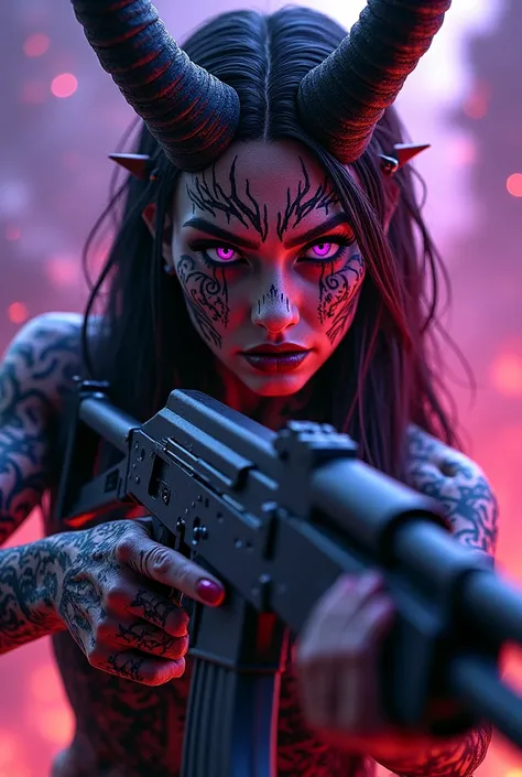 Make an image of a female demon with purple eyes and with tattoos on her face holding an AK 47