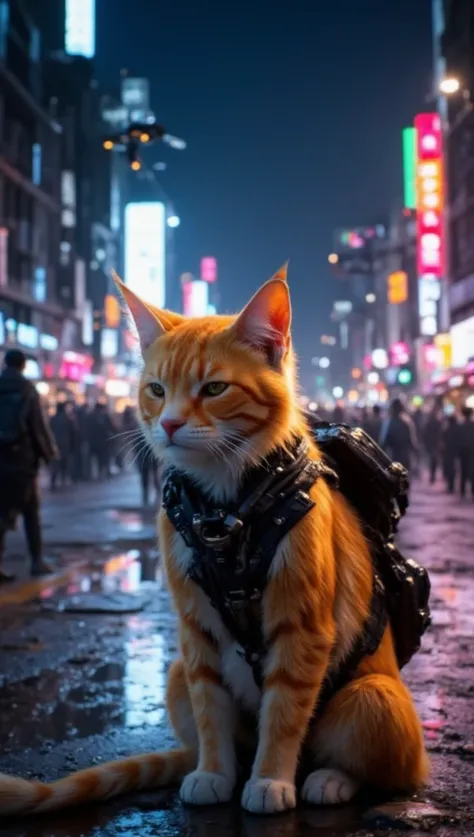 There's a yellow-and-white cat sitting on the city floor,  cyberpunk,  in Japan , In Neo Tokyo ,  on the streets of Tokyo 