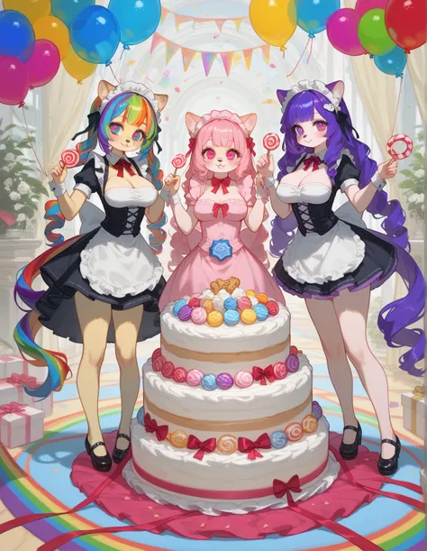 Furry female , Sexy, mystical candy land, candy, blushing, sitting on cake, standing on desserts, booty skirt, medium breast, flowy hair, rainbow hair, rainbow eyes. Holding desserts, holding candy, one furry females, big breasts, cake spilling on body, pa...