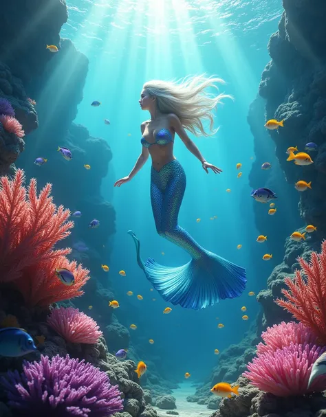 Create a mesmerizing digital artwork featuring a graceful mermaid with iridescent scales, flowing underwater amidst vibrant coral reefs and shimmering schools of tropical fish. Capture the enchanting beauty of the ocean depths, with soft sunlight filtering...